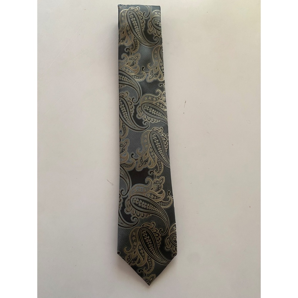 Geoffrey Beene Mens Silk Tie Grey Gold Silver Large Paisley Woven Classic Formal